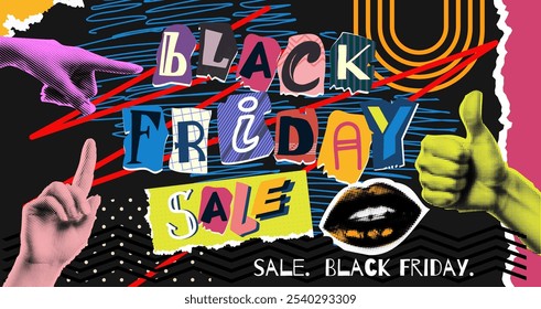 Retro sale. Collage paper cut. Poster pop element. Newspaper letter. Halftone Black Friday promotion. Shopping discount. Typography font. Newsprint pieces. Vector banner vintage art design template