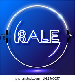 Retro sale glowing lines, neon lights, and neon sign. Vector illustration. 