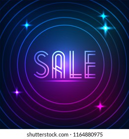 Retro sale neon sign. Geometric shapes and neon glow against a dark background. Sale glowing neon sign. Vector illustration 