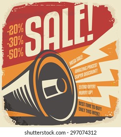 Retro Sale Poster Design Concept. Vintage Vector Ad With Discount Promotion On Old Paper Texture. Megaphone Graphic Illustration On Yellow Background.