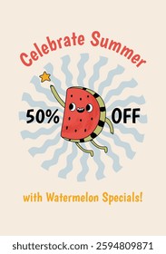 Retro sale poster with a playful and cute watermelon character. Hand drawn vector illustration.