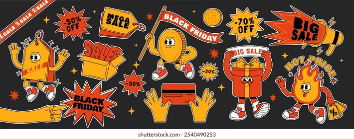 Retro sale shopping stickers. Black Friday characters. Vintage promotion, advertising, social media design. Funky groovy marketing visuals mascot vector patches.