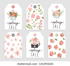 Retro sale tags with spring flowers and lattering. Spring season with leaf for greeting card, invitation template. Vintage lettering banner poster template background 