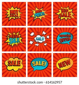 Retro sales icon vector card collection. Cartoon icon on red rays background. Bubbles vector illustration. Tag icons with halftone dot. Big, Mega sale, Best price and Hot deal comic stylecomic style