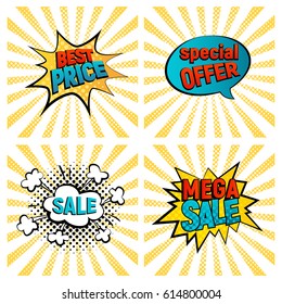 Retro sales icon vector card collection. Cartoon icon on yelliow and white rays background. Bubbles vector illustration. Tag icons with halftone dot. Big,Mega sale, Best price and Hot deal comic style