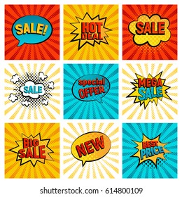 Retro sales icon vector card collection. Cartoon icon on colorfull rays background. Bubbles vector illustration. Tag icons with halftone dot, comic style