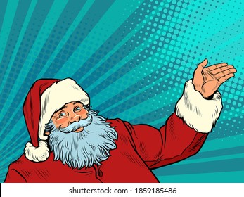 Retro Santa Claus gesture presentation. New year and Christmas pop art background. Pop art retro illustration 50s 60s kitsch vintage style
