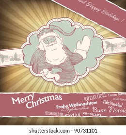 Retro Santa Claus greetings in different languages. Christmas background, vector, EPS10