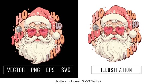 Retro Santa Claus Illustration with Heart Sunglasses and Floral Pink Hat—A Modern Holiday Vibe