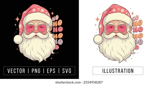 Retro Santa Claus Illustration with Heart Sunglasses and Floral Pink Hat—A Modern Holiday Vibe