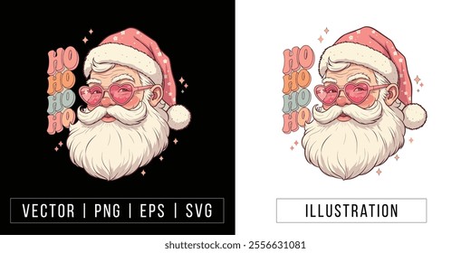 Retro Santa Claus Illustration with Heart Sunglasses and Floral Pink Hat—A Modern Holiday Vibe