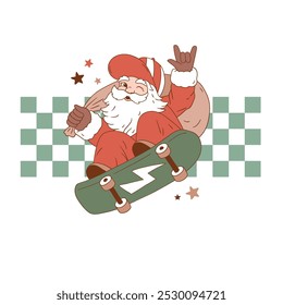 Retro Santa Claus on skateboard. Hand drawn vector illustration. Perfect for tee-shirt logo, greeting card, sticker, clip art or nursery decor. EPS10 vector file.