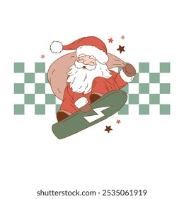 Retro Santa Claus on snowboard. Hand drawn vector illustration. Perfect for tee-shirt logo, greeting card, sticker, clip art or nursery decor. EPS10 vector file.