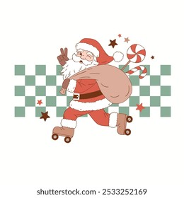 Retro Santa Claus roller skating. Hand drawn vector illustration. Perfect for tee-shirt logo, greeting card, sticker, clip art or nursery decor. EPS10 vector file.