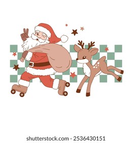 Retro Santa Claus roller skating with Christmas deer. Hand drawn vector illustration. Perfect for tee-shirt logo, greeting card, sticker, clip art or nursery decor. EPS10 vector file.