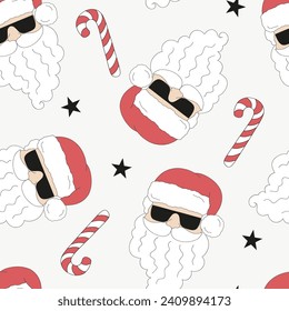 Retro Santa Claus in sunglasses with candy cane vector seamless pattern. Groovy tropical summer Christmas background.