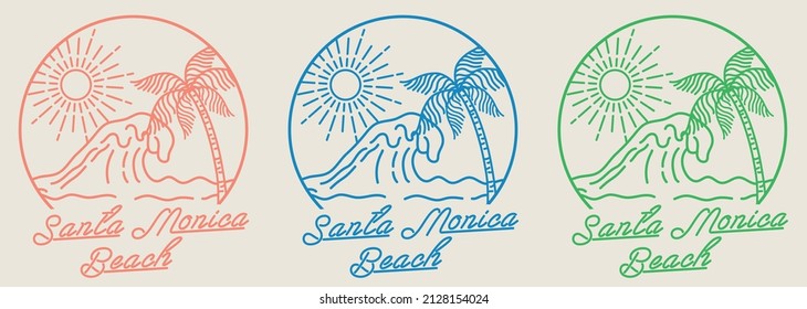 Retro santa monica beach sun ocean waves and palm tree illustration print with slogan for graphic tee t shirt or sticker poster - Vector