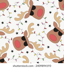 Retro Santa Reindeer in sunglasses with garland Xmas decoration vector seamless pattern. Groovy tropical summer Christmas background.