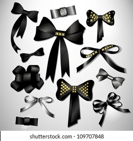 Retro satin black gift bow collection. Ribbon. Isolated on white