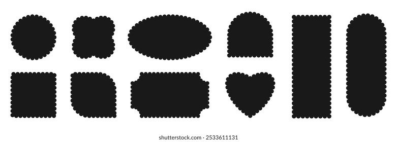 Retro scallop frames set in abstract geometric form circles, oval, square, rectangle, flower, heart shapes isolated on transparent background. Vector vintage element for ticket, lace edges border.
