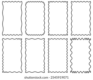 Retro vieira, ziguezague ondulado bordas retangulares quadros definidos. Modelo de design de vetor para mídias sociais, estilo Y2k psicodélico sinuoso linha quadros coleção
