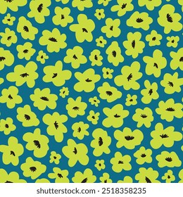 Retro scandinavian, lime green seamless repeat pattern. Random placed, vector floral aop, all over print on green background.