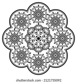 Retro Scandinavian vector embroidery folk art style mandala design with flowers perfect for greeting card or wedding invitation in black and white. Traditional floral round decoration