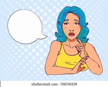 Retro scared comics girl with speech bubble. Open mouth, raise eyebrows, bright colors. Vector illustration in comics style. Fear on face, look surprised. Beautiful young girl shocked, sad, upset.