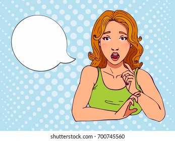Retro scared comics girl with speech bubble. Open mouth, raise eyebrows, bright colors. Vector illustration in comics style. Fear on face, look surprised. Beautiful young girl shocked, sad, upset.