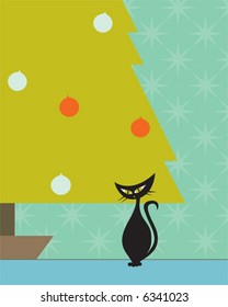 Retro scene of black cat under Christmas tree.