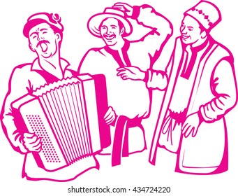 Retro scene three friends have a rest, have fun, play the accordion and sing songs.
