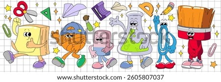 Retro school characters set isolated on notebook page background. Vector cartoon illustration of funky sticky note, basketball ball, eraser, chemistry flask, paperclip, brush mascots with smiling face