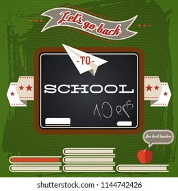Retro school concept with chalkboard ribbons books apple paper airplane on vintage green background vector illustration