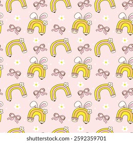 Retro School Easter Seamless Pattern, Rainbow Pencil Rainbow with Bunny Ears wallpaper background