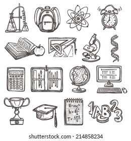 Retro School Education Sketch Icons Set Of Backpack Alarm Clock Globe Isolated Vector Illustration