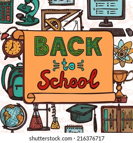 Retro school and university education colored sketch icons back to school poster vector illustration