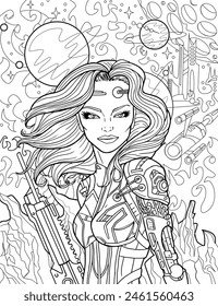 Retro Sci Fi Färbung Seite Illustration mit schöner Astronautin mit Blaster-Waffe gegen Weltraum-Landschaft, außerirdische Planeten und außerirdische Oberflächen, Cartoon-Spiel-Konzept Hintergrund