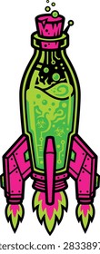 Retro Sci fi Rocket Ship Flask with Neon Green Liquid