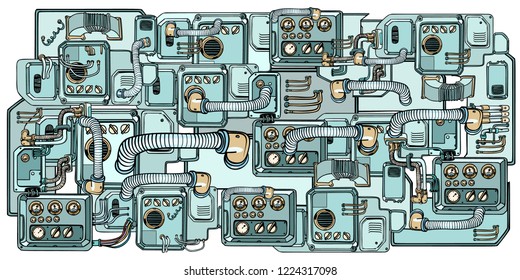 Retro science. Cyberpunk robots mechanisms and machines. Details of the spacecraft. Pop art retro vector illustration