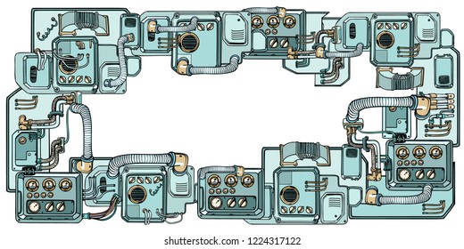 Retro science. Cyberpunk robots mechanisms and machines. Details of the spacecraft. Pop art retro vector illustration