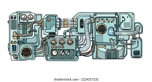 Retro science. Cyberpunk robots mechanisms and machines. Details of the spacecraft. Pop art retro vector illustration