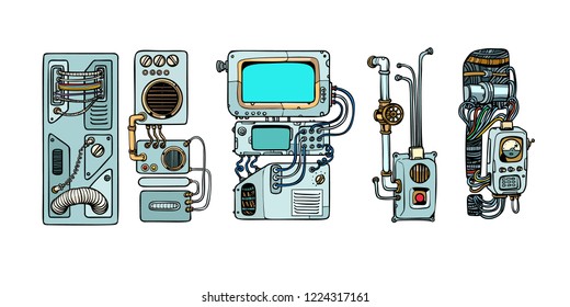 Retro science. Cyberpunk robots mechanisms and machines. Details of the spacecraft. Pop art retro vector illustration