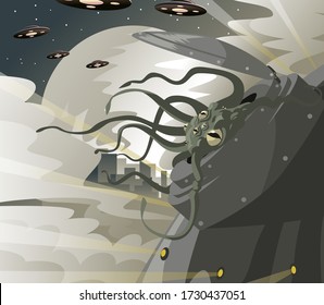 retro science fiction octopus alien monster space invader 