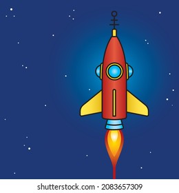 Retro science fiction rocket design in outer space.
Vintage style vector illustration of classic spaceship with flames.