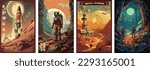 Retro science fiction, a space exploration scene on Mars and astronaut illustration poster set.