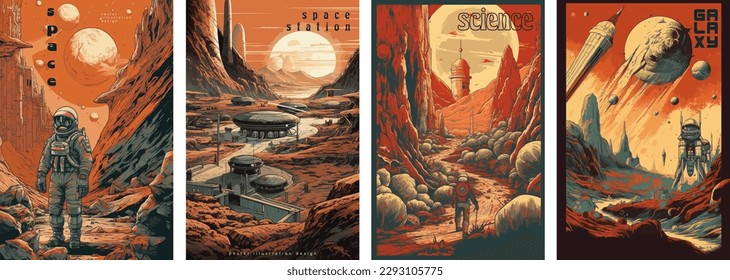 Retro science fiction, a space exploration scene on Mars and astronaut illustration poster set.