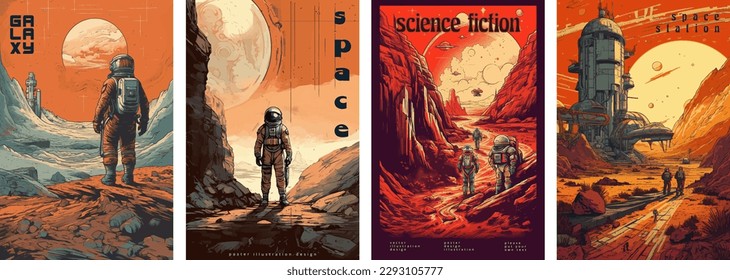 Retro science fiction, a space exploration scene on Mars and astronaut illustration poster set.