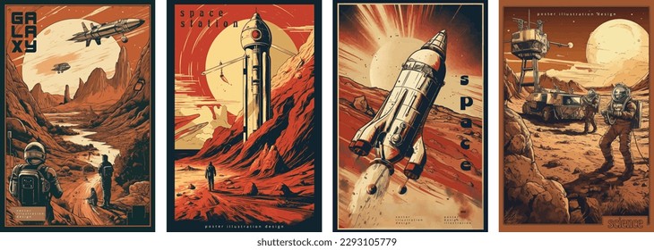 Retro science fiction, a space exploration scene on Mars and astronaut illustration poster set.