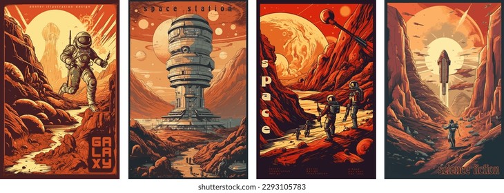 Retro science fiction, a space exploration scene on Mars and astronaut illustration poster set.