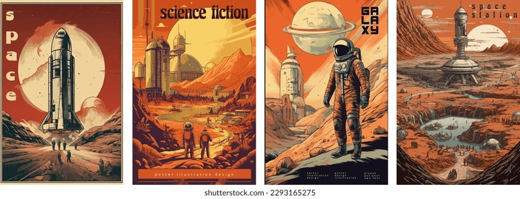 Retro science fiction, a space exploration scene on Mars and astronaut illustration poster set.